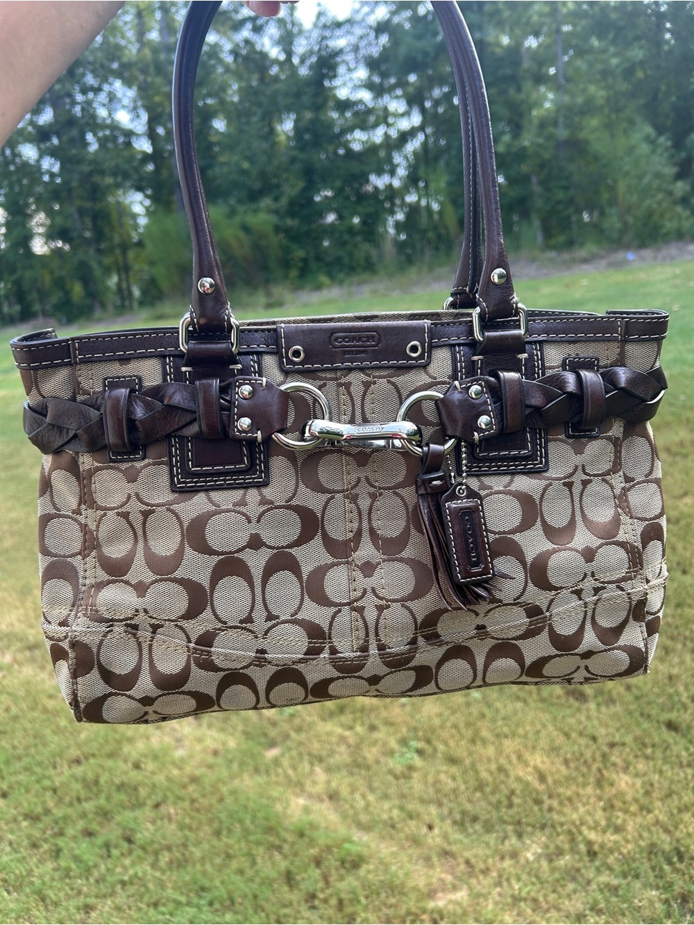 Coach Monogram Canvas Shoulder Bag in Brown and Cream